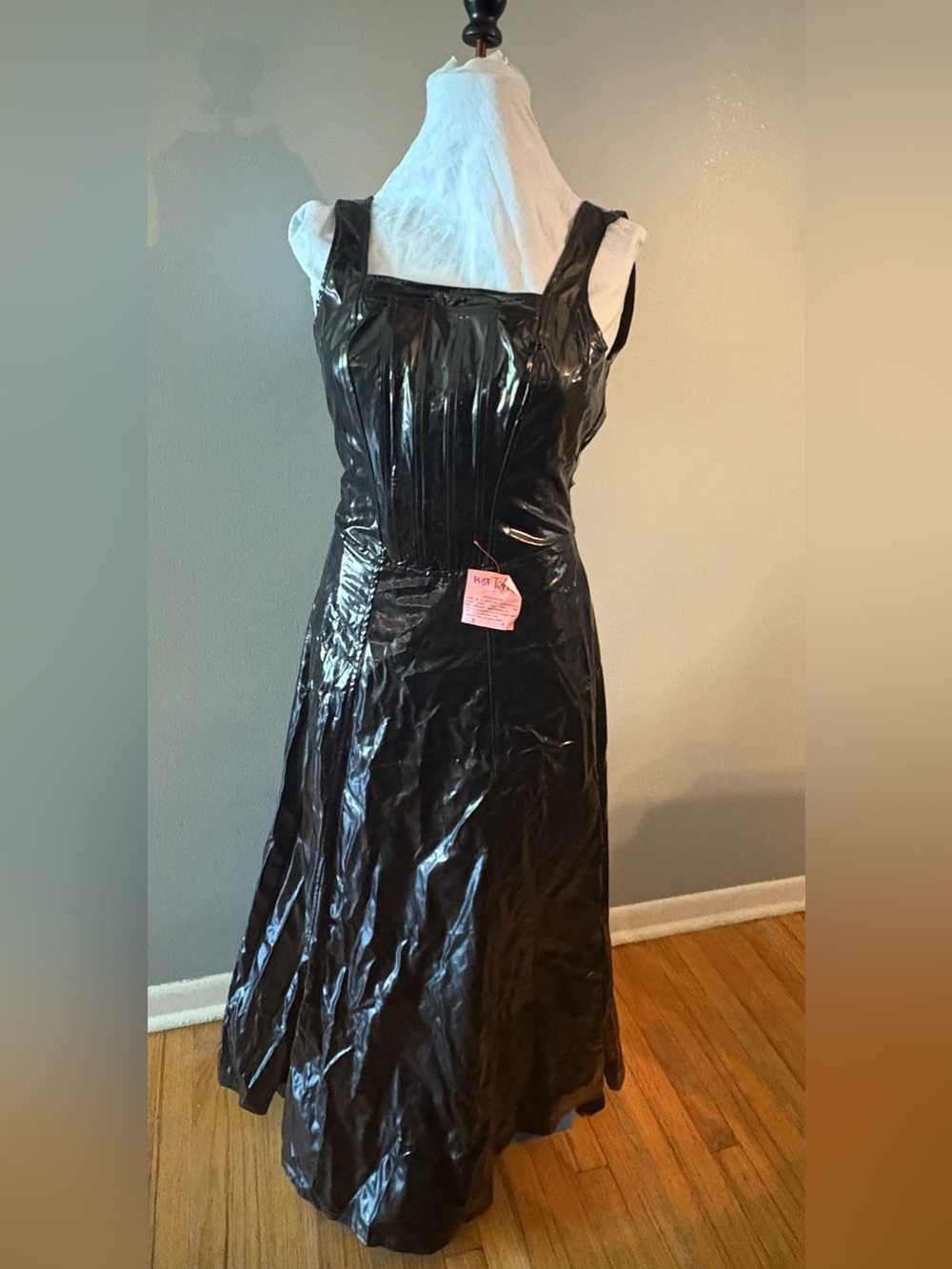 RARE NWT 90s Y2K Lip Service Full Length Black PVC Faux Leather Sleeveless Dress